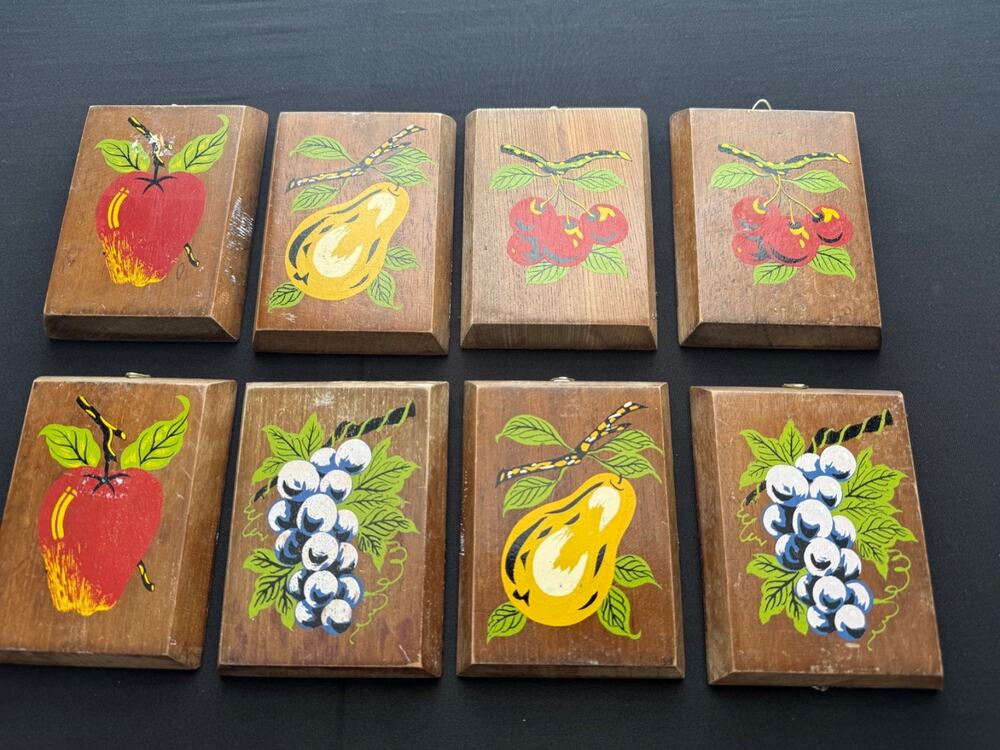 Vintage Fruit Themed Wooden Art Wall Decor Apple, Pear, Grape, Cherry